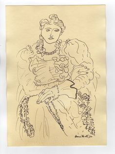 a drawing of a woman sitting in a chair with flowers around her neck and hands on her knees