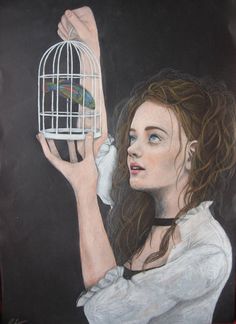 a drawing of a woman holding a bird in a cage with her right hand up