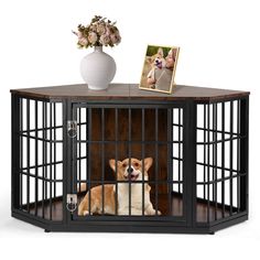 a dog is sitting in a caged table next to a vase with flowers on it