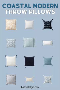 the coastal modern throw pillows are shown in various sizes and colors, with text overlaying them