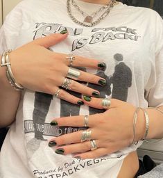 Chunky Ring Aesthetic, A Lot Of Rings On Hand, Nails And Silver Rings, Chunky Silver Rings Aesthetic Grunge, Rings Chunky Silver, Chunky Metal Rings, Chunky Gem Rings, Chunky Ring Set, Chunky Silver Rings Grunge