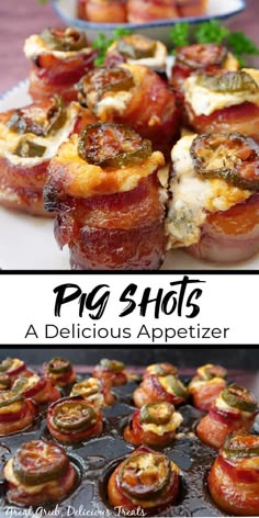 bacon and cheese appetizers on a plate with text overlay that says pre - shot