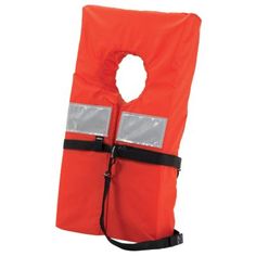 an orange life jacket with two pockets on the front and one pocket in the back