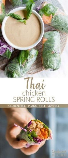 thai chicken spring rolls with dipping sauce in the middle and lettuce on top