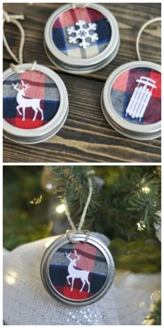 three christmas ornaments hanging from a tree