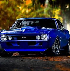 a blue muscle car parked in front of some trees