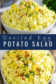 two bowls filled with potato salad and the words deviled egg potato salad on top