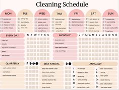 the cleaning schedule is shown in pink and white with black dots on it, along with several