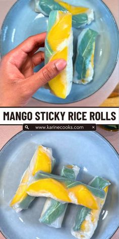 mango sticky rice rolls on a blue plate