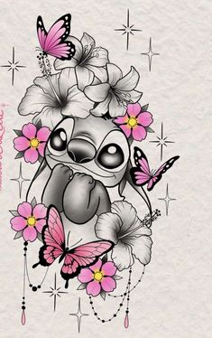 a drawing of a cartoon character surrounded by flowers and butterflies