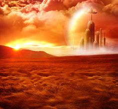 an alien city in the middle of a desert with clouds and sun rising over it