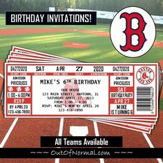 baseball birthday party ticket for the boston red sox on a baseball field with trees in the background