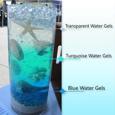 a blue liquid in a tall glass with information about the different types of water gels