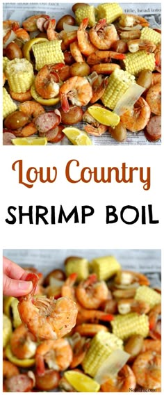 shrimp boil with corn on the cob and an image of how to cook shrimp