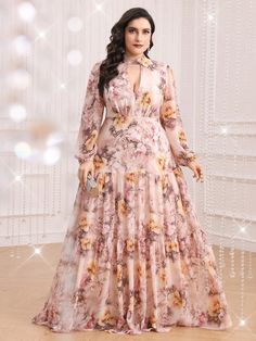 Floral Dress Plus Size, Bride Dress Simple, Vestido Plus Size, Chiffon Floral, Keyhole Neck, Dress Simple, Cocktail Evening Dresses, Chiffon Long Sleeve, Ruffle Hem Dress