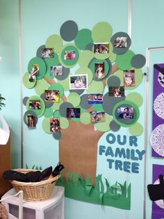 a family tree is displayed on the wall in front of a door with pictures and frames