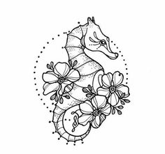 a black and white drawing of a sea horse with flowers on it's back