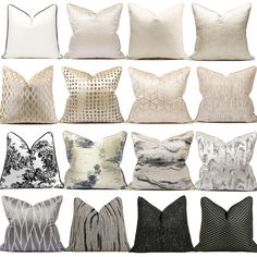 many pillows are arranged in rows on a white background