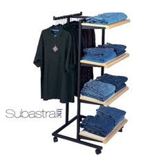 an ironing rack with jeans and shirts on it's sides, holding clothes