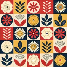 an image of flowers and leaves on a checkerboard background in red, yellow, blue, and white