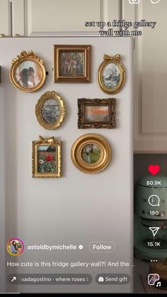 a refrigerator with many pictures on the wall