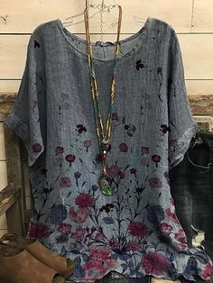 Women's Plus Size Tops Blouse Shirt Floral Leaf Print Short Sleeve Round Neck Basic Vintage Daily Going out Cotton Blend Fall Spring Wine Red Blue 8705860 2021 – $16.99 Floral Print Tops Blouses, Tunic Tops Summer, Blouses Vintage, Half Sleeve Blouse, Floral Outfit, Summer Blouses, Floral Print Shorts, Plus Size Shirts, Floral Shirt