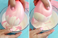 two pictures of someone making pink and white icing in a glass bowl with their hands