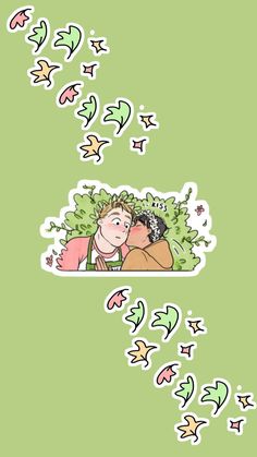 an image of two people in the air with leaves coming out of their heads and behind them, on a green background