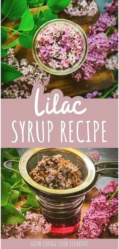 lila syrup recipe with flowers in the background