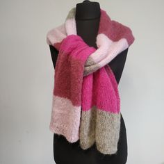 Striped gentle and warm mohair scarf in various shades of pink.  Product Details: 100% hand knit Measures:182cm x 28cm (72in x 11in). Weight: 71 g. Material: Brushed alpaca silk yarn: 77% alpaca, 23% silk. Care: Hand wash in cool water at 30oC (86oF), with delicate soap, do not dry in dryer, do not bleach. Gently pull into shape. Lay down on flat surface to dry. Mohair Scarf, Alpaca Scarf, Knit Alpaca, Style Pink, Silk Yarn, Wool Scarf, Scarf Shawl, Silk Scarf, Alpaca