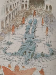 a drawing of people walking down a street with umbrellas on the ground and buildings in the background