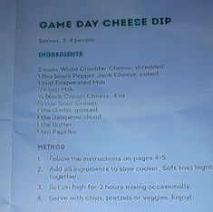 a menu listing game day cheese dip