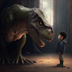 a young boy standing next to a large dinosaur