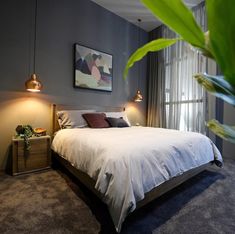 a large bed sitting next to a window in a room with plants on the floor