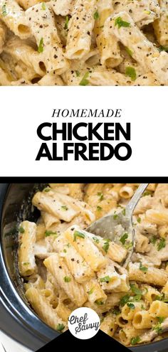 homemade chicken alfredo in a slow cooker with the title above it and below image