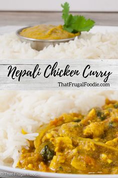 a white plate topped with rice and curry next to a bowl filled with chicken curry