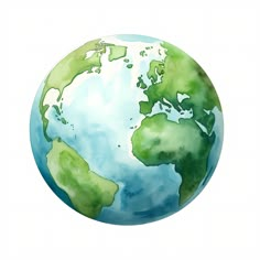 a watercolor drawing of the earth with green and blue paint on it's surface