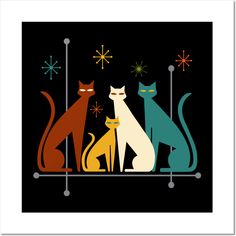 three cats sitting next to each other on top of a black background with snowflakes