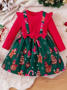 Young Girl Christmas Print Ruffle Trim Bow Front 2 In 1 Dress Red   Long Sleeve Fabric Cartoon,Christmas,Plants A Line Slight Stretch  Young Girls Clothing, size features are:Bust: ,Length: ,Sleeve Length: Kids Christmas Dress, Snowflake Dress, Girls Christmas Dresses, 21st Dresses, Patchwork Dress, Vestido Casual, Christmas Girl, Clothing Size Chart