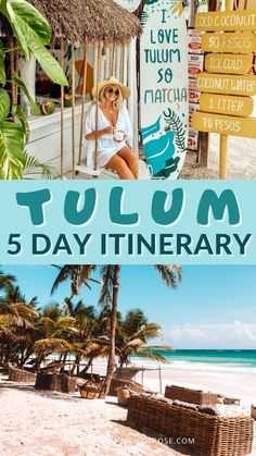 tulum 5 day itinerary with the beach and palm trees in the background