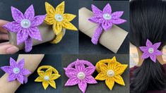 four pictures of different types of hair bows with pearls on them, one is purple and the other is yellow