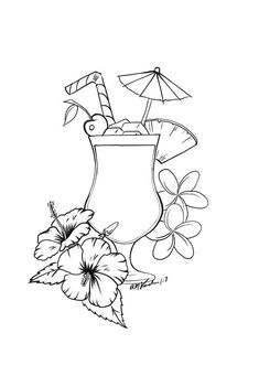 a drawing of a drink with flowers and umbrellas on the beach in black and white