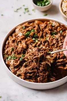 a person holding a spoon in a bowl filled with shredded meat and garnished with cilantro