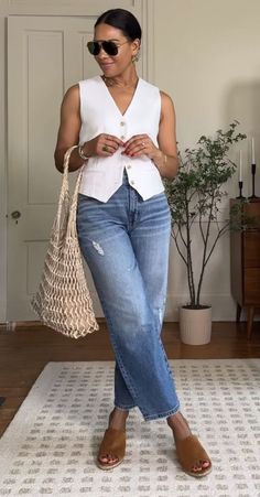 Womens White Vest Outfit, Pale Blue Top Outfit, Chic Spring Outfits 2024, White Jean Vest Outfit, Midsize Vest Outfit, Midsize Casual Summer Outfits, Classy Mom Outfits, Vest Shirt Outfit, White Vest Outfits For Women