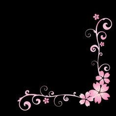 a pink flower on a black background with swirls and flowers in the corner,