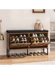 a shoe rack with shoes and purses on it