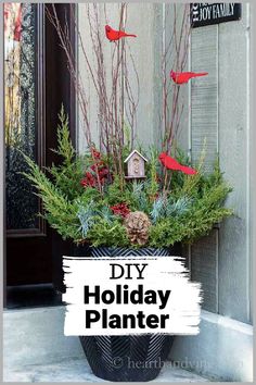 a potted planter with red birds on it and the words diy holiday planter