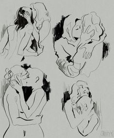 three drawings of people hugging each other in black and white, with one man holding the woman's head