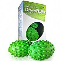 three green balls are in front of a box with the word dryerplus on it