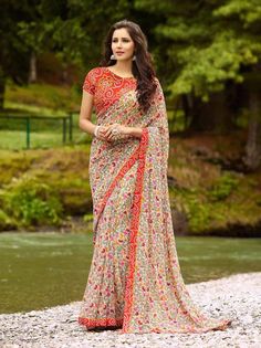 #Beige #Red #Georgette #Printed #Traditional Sari  #Traditionalsaree #Traditionalsari #sari #Saree #nikvik #usa #designer #australia #canada Cotton Night Dress, Saree Wearing Styles, Saree Wearing, Fancy Print, South Indian Sarees, Dress Neck Designs